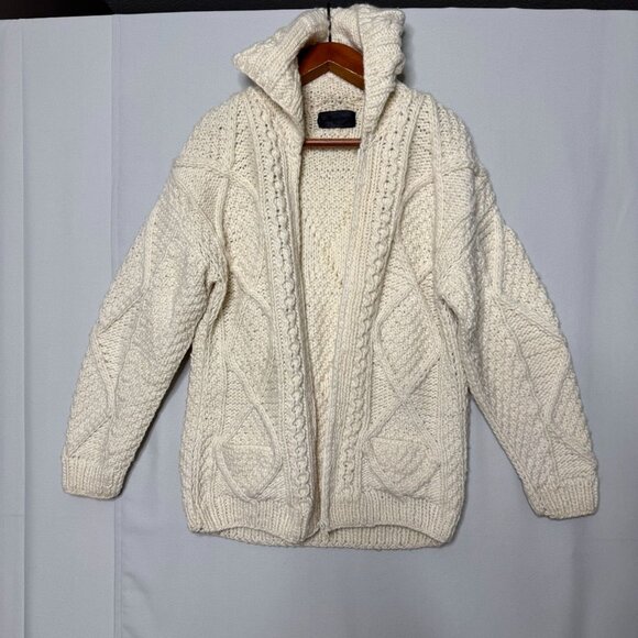 Vintage 100% Wool Cream Cable Knit Chunky Hooded Grandpa Cardigan Sweater XL - Picture 2 of 9